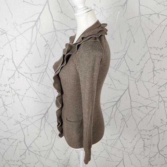 Banana Republic Beige Taupe 96% Merino Wool Ruffle Button Cardigan - Picture 2 of 5